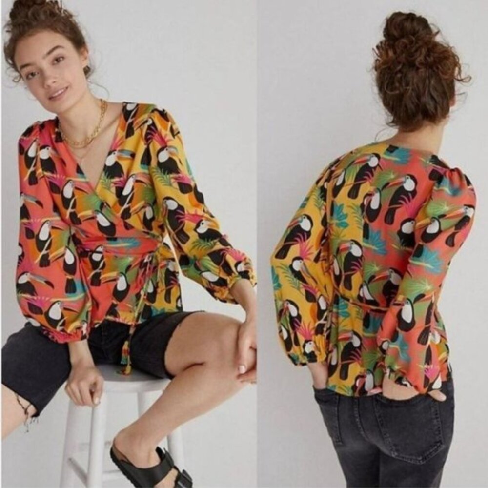 Farm Rio for Anthropologie Toucan Print Wrap Top Orange Yellow XS Beaded Tassels